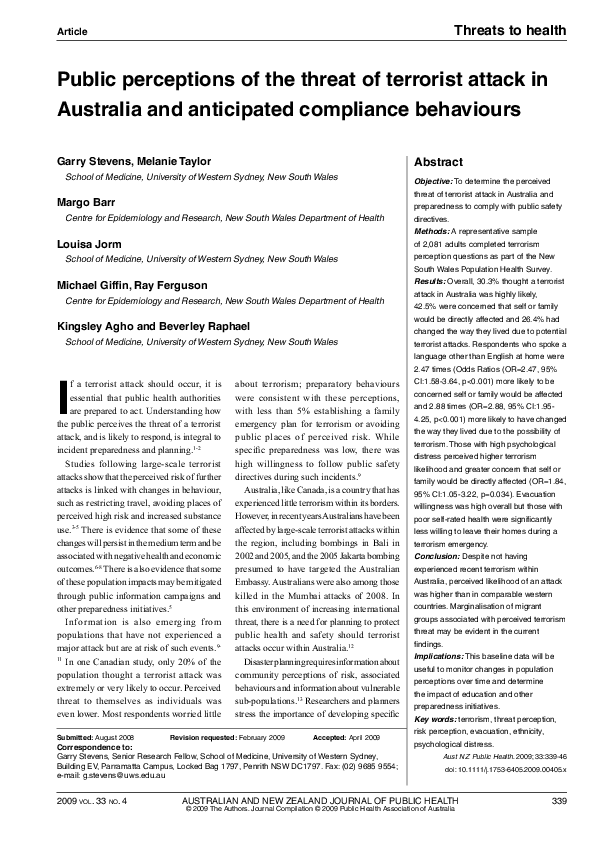 (PDF) Perceptions of terrorism and disease risks A crossnational