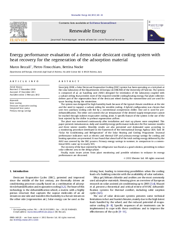 (PDF) Energy performance evaluation of a demo solar desiccant cooling ...