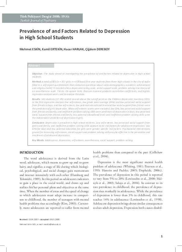 (PDF) [Prevalence of and factors related to depression in high school ...