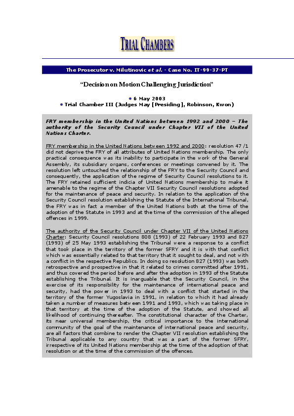(PDF) INTERNATIONAL CRIMINAL TRIBUNAL FOR THE FORMER YUGOSLAVIA (ICTY ...