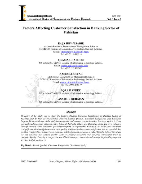 (PDF) Factors Affecting Customer Satisfaction in Banking Sector of Pakistan
