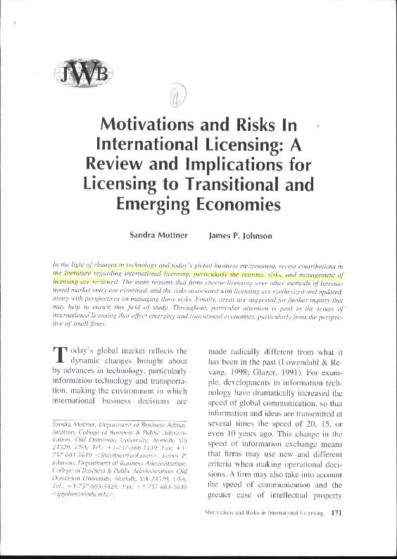(PDF) Motivations and Risks In International Licensing: A Review and ...