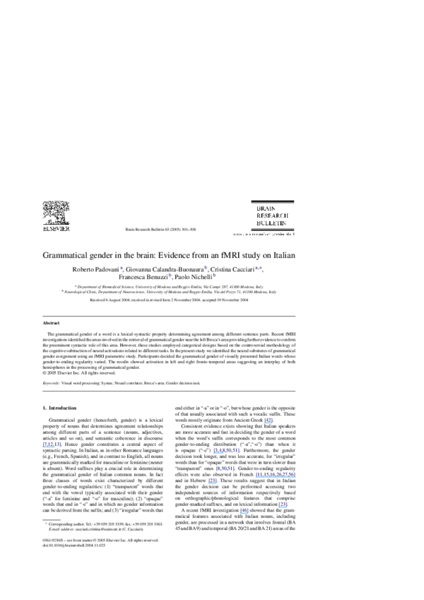 (PDF) Grammatical gender in the brain: Evidence from an fMRI study on ...