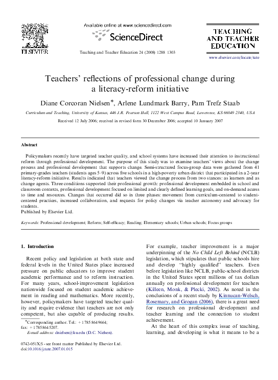 (PDF) Teachers’ reflections of professional change during a literacy ...