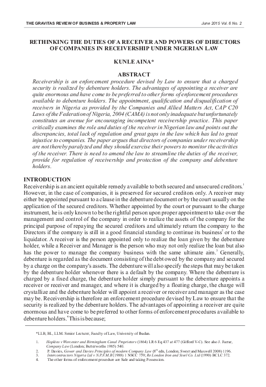 (PDF) RETHINKING THE DUTIES OF A RECEIVER AND POWERS OF DIRECTORS OF