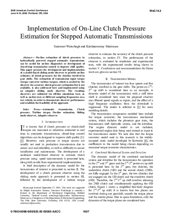 (PDF) Implementation of on-line clutch pressure estimation for stepped ...