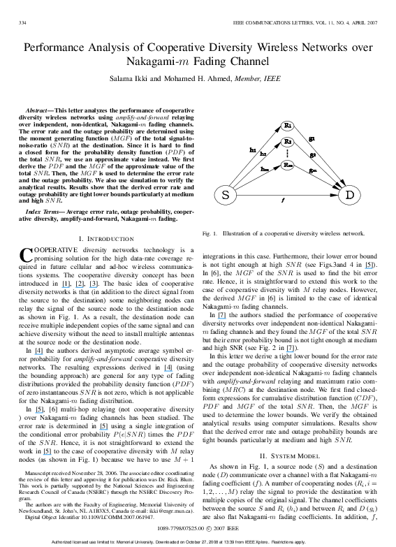 (PDF) Performance Analysis of Cooperative Diversity Wireless Networks ...