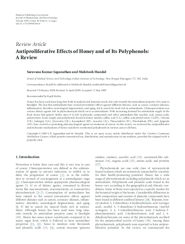 (PDF) Antiproliferative Effects of Honey and of Its Polyphenols: A Review