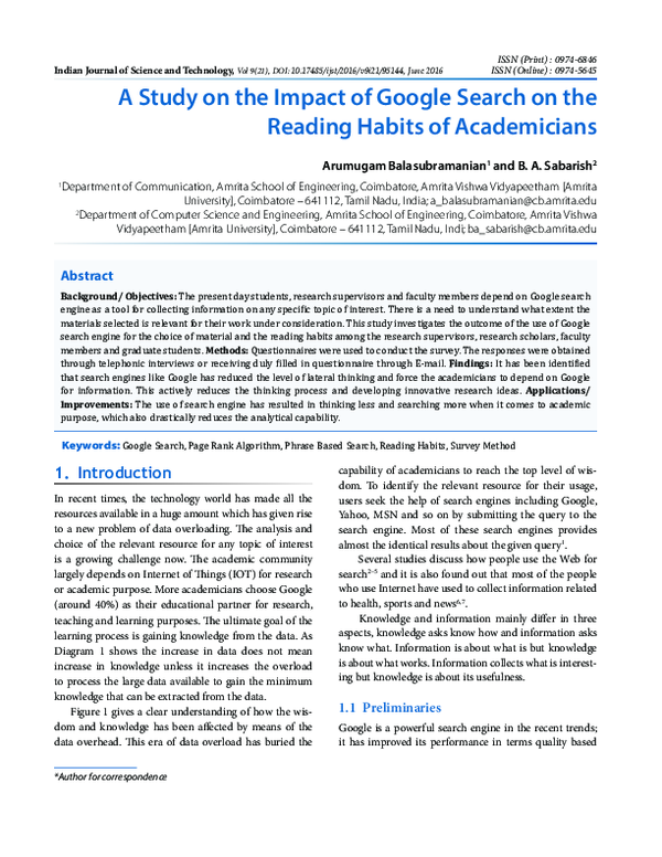 (PDF) A Study on the impact of google search on the reading habits of ...
