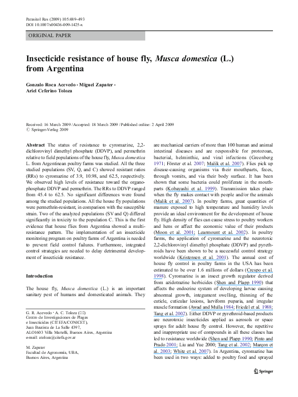 (PDF) Insecticide resistance of house fly, Musca domestica (L.) from ...