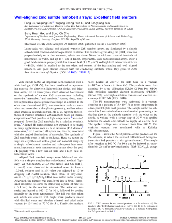 PDF) Well-aligned zinc sulfide nanobelt arrays: Excellent field
