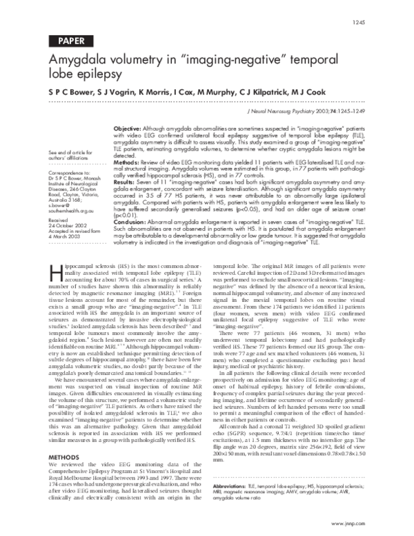 (PDF) Amygdala volumetry in "imaging-negative" temporal lobe epilepsy