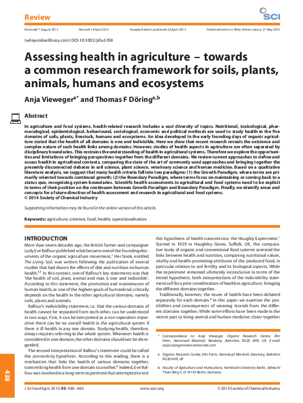 (PDF) Assessing health in agriculture – towards a common research ...