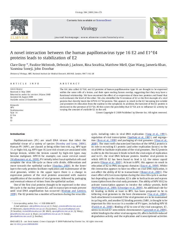 (PDF) A novel interaction between the human papillomavirus type 16 E2 ...