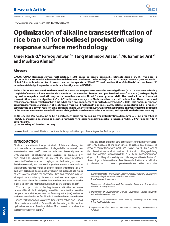 (PDF) Optimization of alkaline transesterification of soybean oil and ...