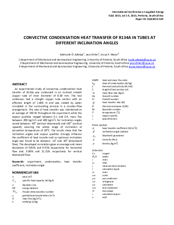 (PDF) Convective condensation heat transfer of R134a in tubes at ...