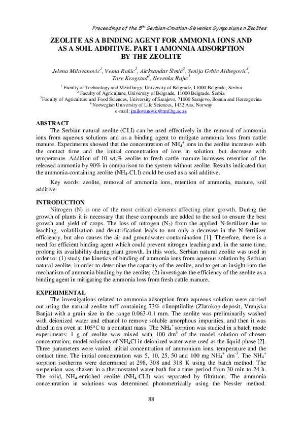 (PDF) Zeolite as a Binding Agent for Ammonia Ions and as a Soil ...