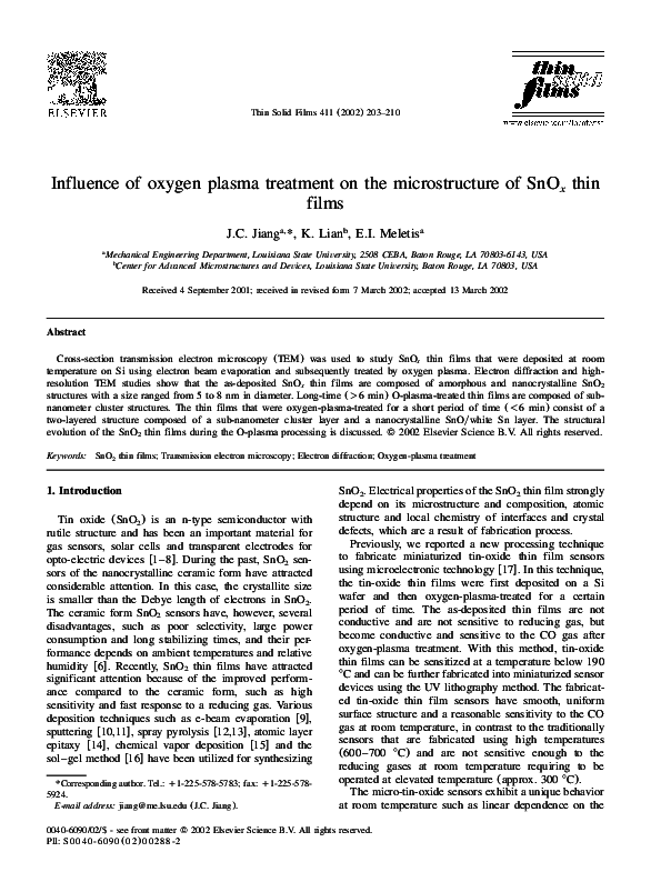 (PDF) Influence of oxygen plasma treatment on the microstructure of SnO ...