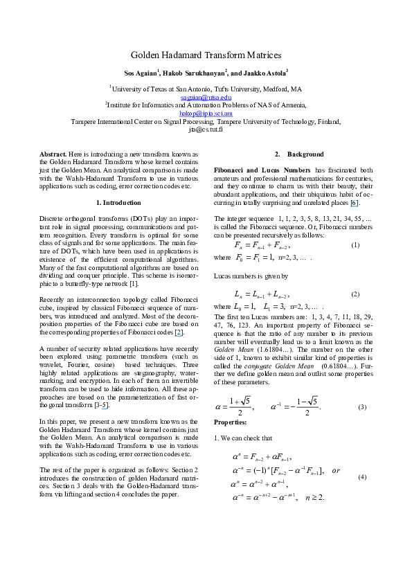 (PDF) Golden Hadamard transform matrices