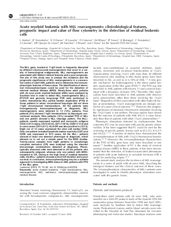 (PDF) Acute myeloid leukemia with MLL rearrangements: clinicobiological ...