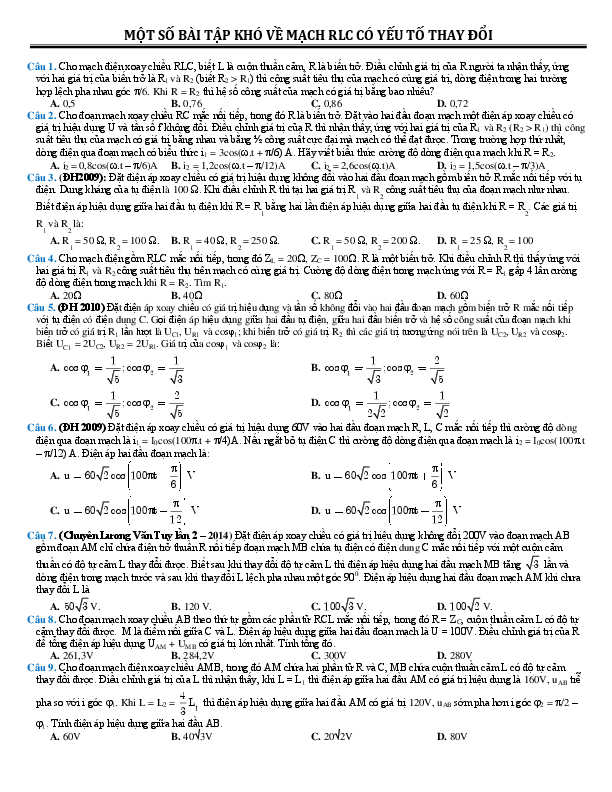 First page of “MỘT SỐ BÀI TẬP KHÓ VỀ MẠCH RLC CÓ YẾU TỐ THAY ĐỔI”