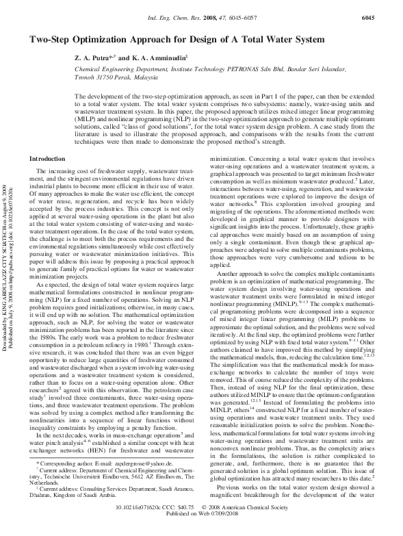 (PDF) Two-Step Optimization Approach for Design of A Total Water System
