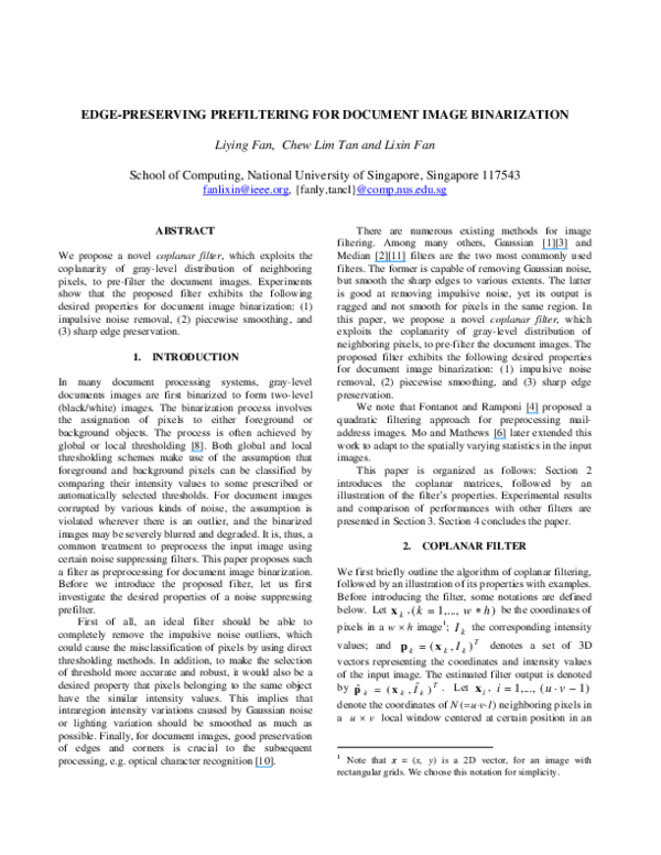 (PDF) Edge-preserving prefiltering for document image binarization
