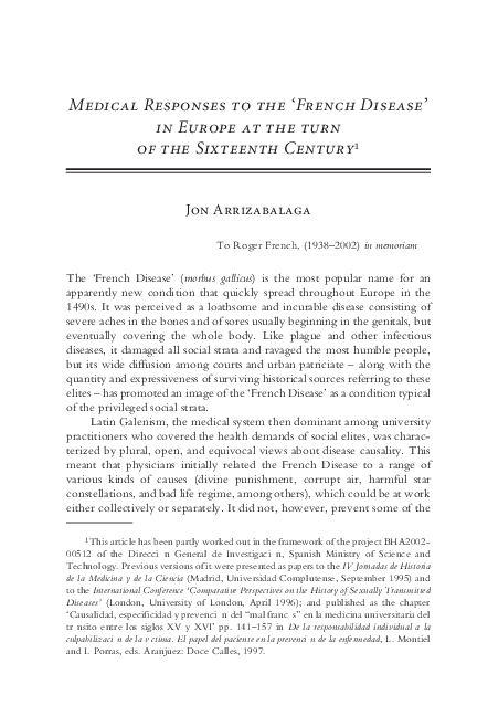 Medical Responses to the 'French Disease' in Europe at the turn of the Sixteenth Century 1