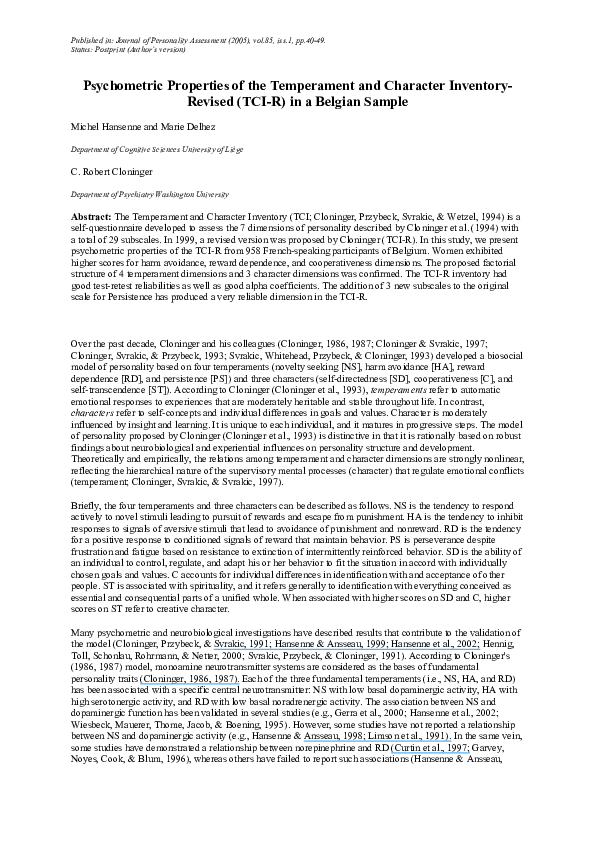 (PDF) Psychometric properties of the Temperament and Character ...