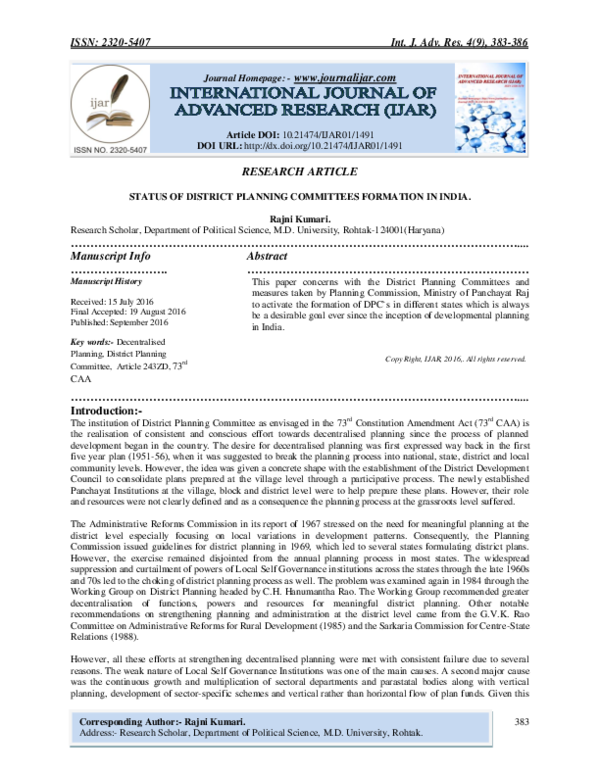 (PDF) STATUS OF DISTRICT PLANNING COMMITTEES FORMATION IN INDIA IJAR Indexing Academia.edu