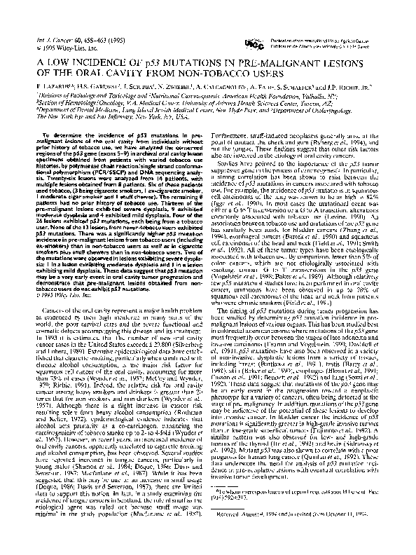 (PDF) A low incidence of p53 mutations in pre-malignant lesions of the ...