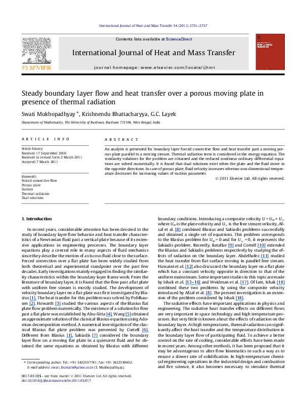 (PDF) Steady boundary layer flow and heat transfer over a porous moving ...