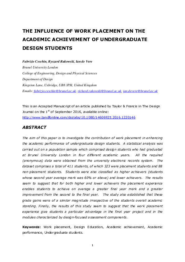 (PDF) The Influence of Work Placement on the Academic Achievement of ...