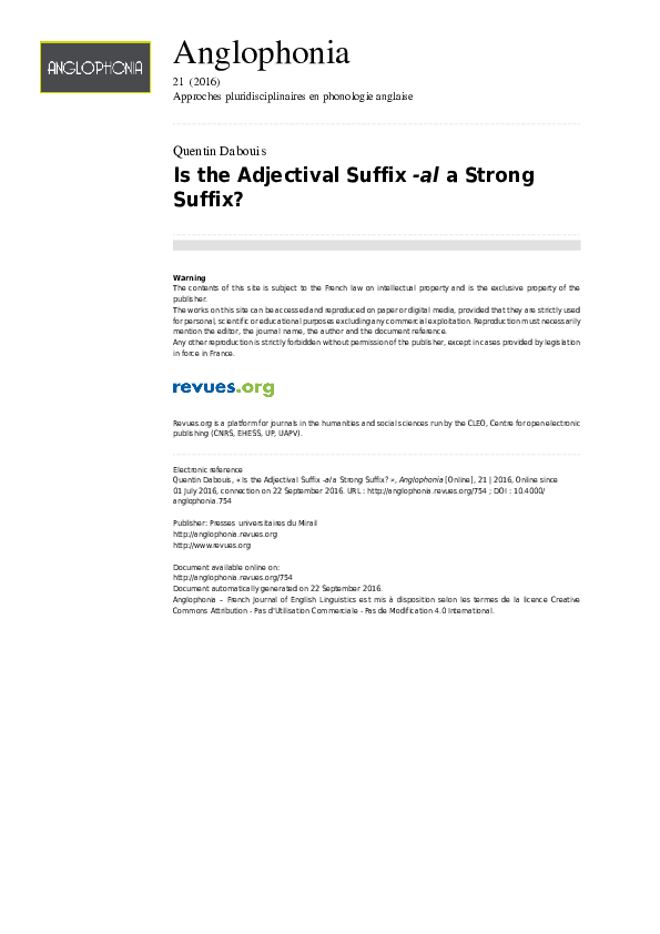 PDF) Is the Adjectival Suffix -al a Strong Suffix?