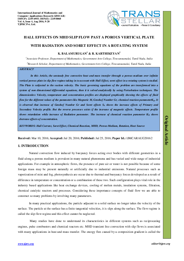 (PDF) HALL EFFECTS ON MHD SLIP FLOW PAST A POROUS VERTICAL PLATE WITH ...