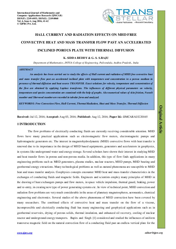 (PDF) HALL CURRENT AND RADIATION EFFECTS ON MHD FREE CONVECTIVE HEAT ...