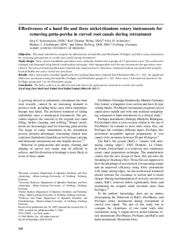 (PDF) Effectiveness of a hand file and three nickeltitanium rotary instruments for removing