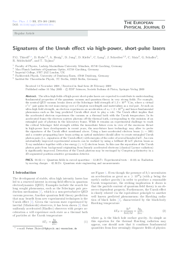 (PDF) Signatures of the Unruh effect via high-power, short-pulse lasers