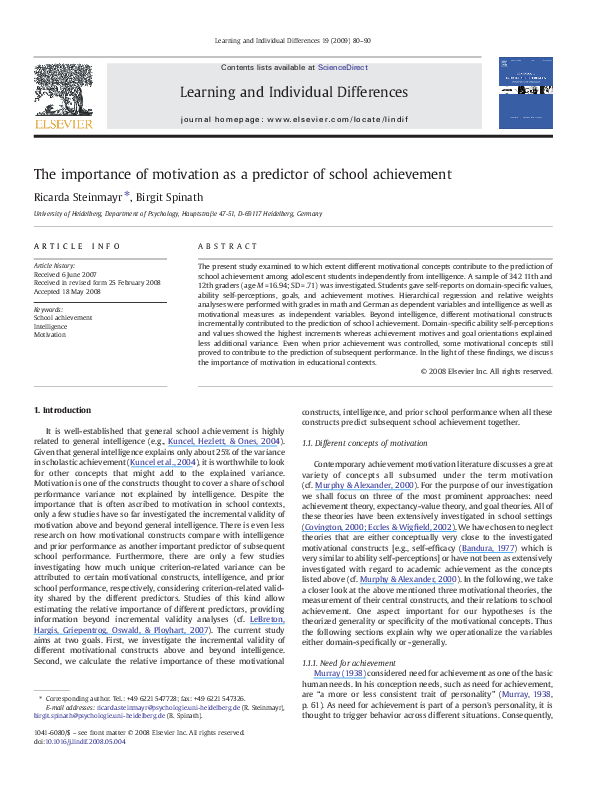(PDF) The importance of motivation as a predictor of school achievement