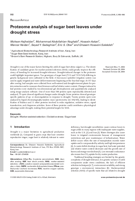 (PDF) Proteome analysis of sugar beet leaves under drought stress