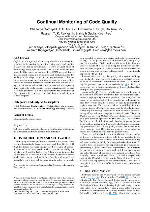 (PDF) Continual monitoring of code quality