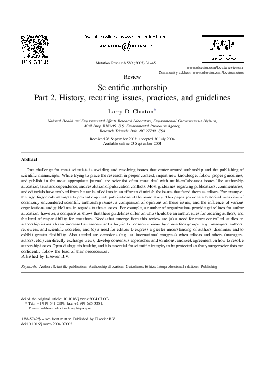 (PDF) Claxton 2005 MUTATION RES 589 31 Authorship Part 2.pdf Larry D