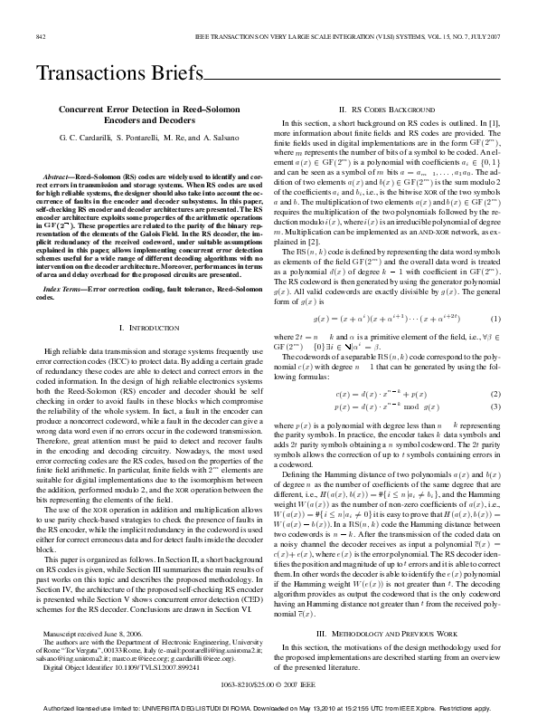 (PDF) Concurrent Error Detection in ReedSolomon Encoders and Decoders