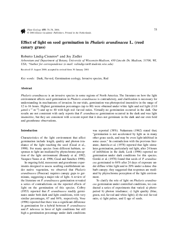Effect of light on seed germination in Phalaris arundinacea L. (reed canary grass Roberto