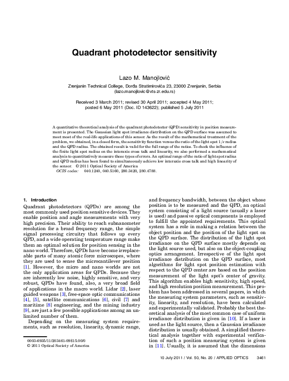 (PDF) Quadrant photodetector sensitivity Lazo Manojlovic Academia.edu