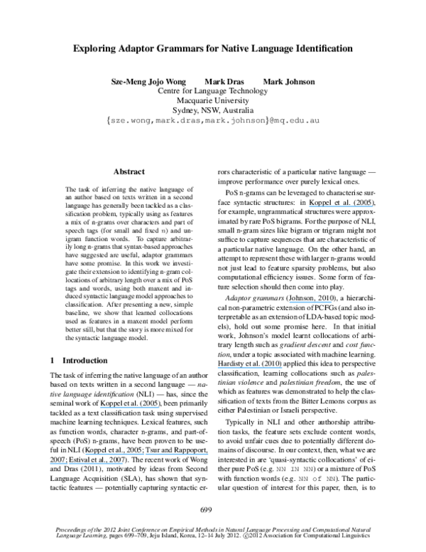 (PDF) Exploring adaptor grammars for native language identification