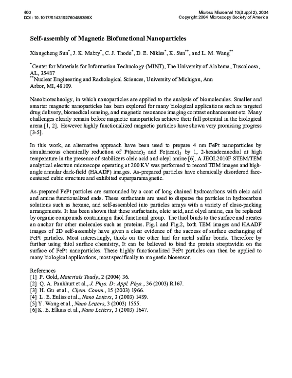 (PDF) Self-Assembly of Magnetic Biofunctional Nanoparticles