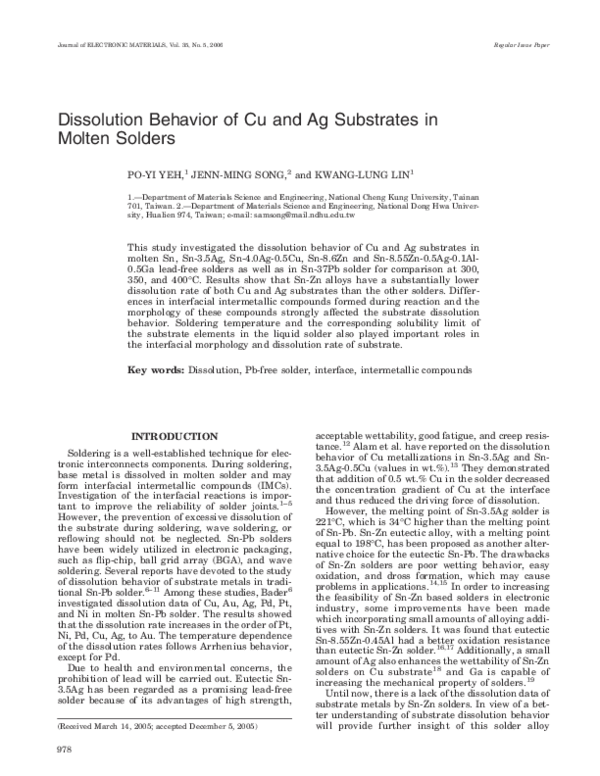 (PDF) Dissolution behavior of Cu and Ag substrates in molten solders