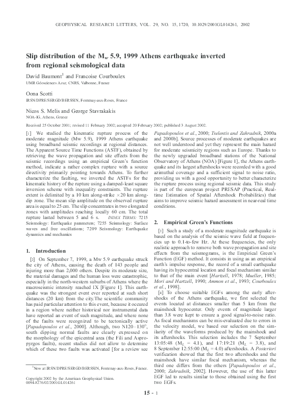 (PDF) Slip distribution of the Mw 5.9, 1999 Athens earthquake inverted ...