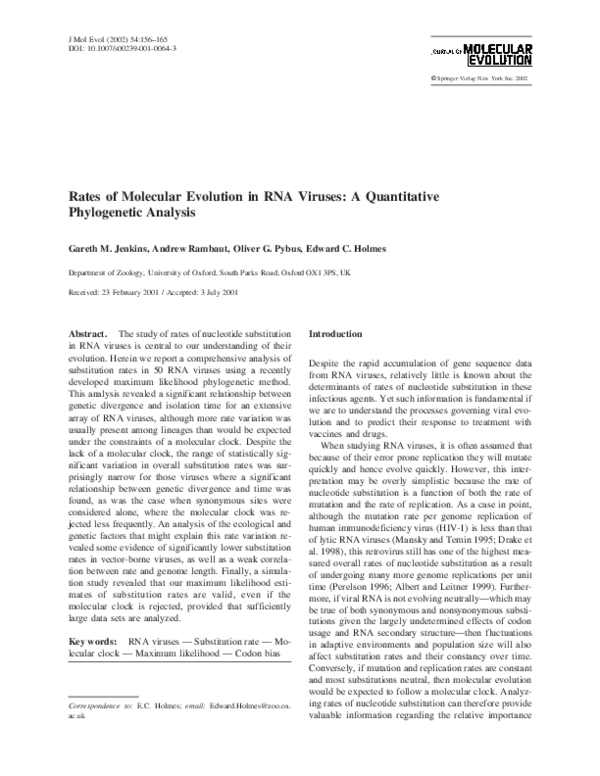 (PDF) Rates of Molecular Evolution in RNA Viruses: A Quantitative ...